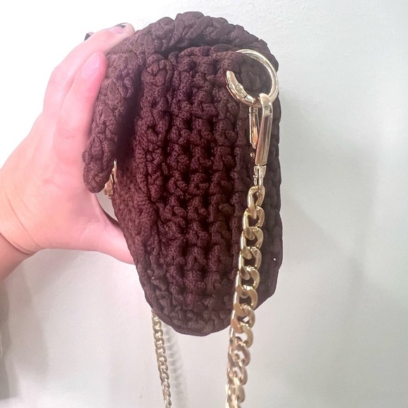 Crochet Bag Crossbody Chocolate Brown Gold Hardware Mini Handmade in USA - Picture 5 of 6